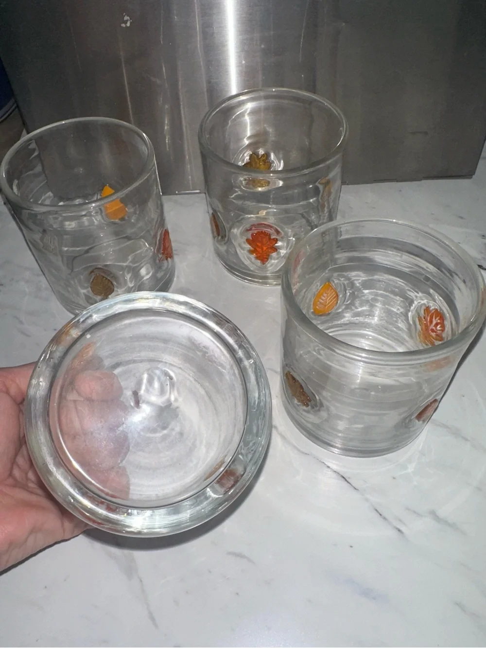 Set of 4 Juice Glasses Orange & Gold Leaf Motif Retro Barware